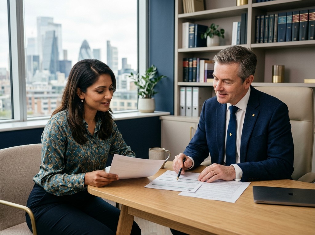 Albany Solicitors consultation — advisers reviewing documents together in a modern office